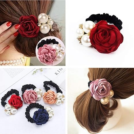 4Pcs Fashion Pearl Hair Rope Rose Flower Rhinestone Hair Ties/ Jewelry Rubber Band