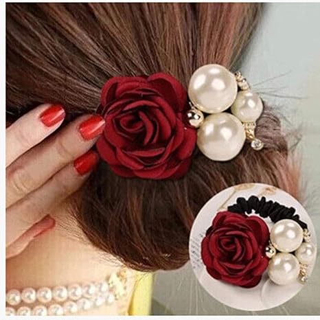 4Pcs Fashion Pearl Hair Rope Rose Flower Rhinestone Hair Ties/ Jewelry Rubber Band